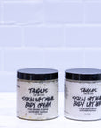 Two jars of Tangles and Beyond Skin Oatmeal Body Cream on a white tiled background