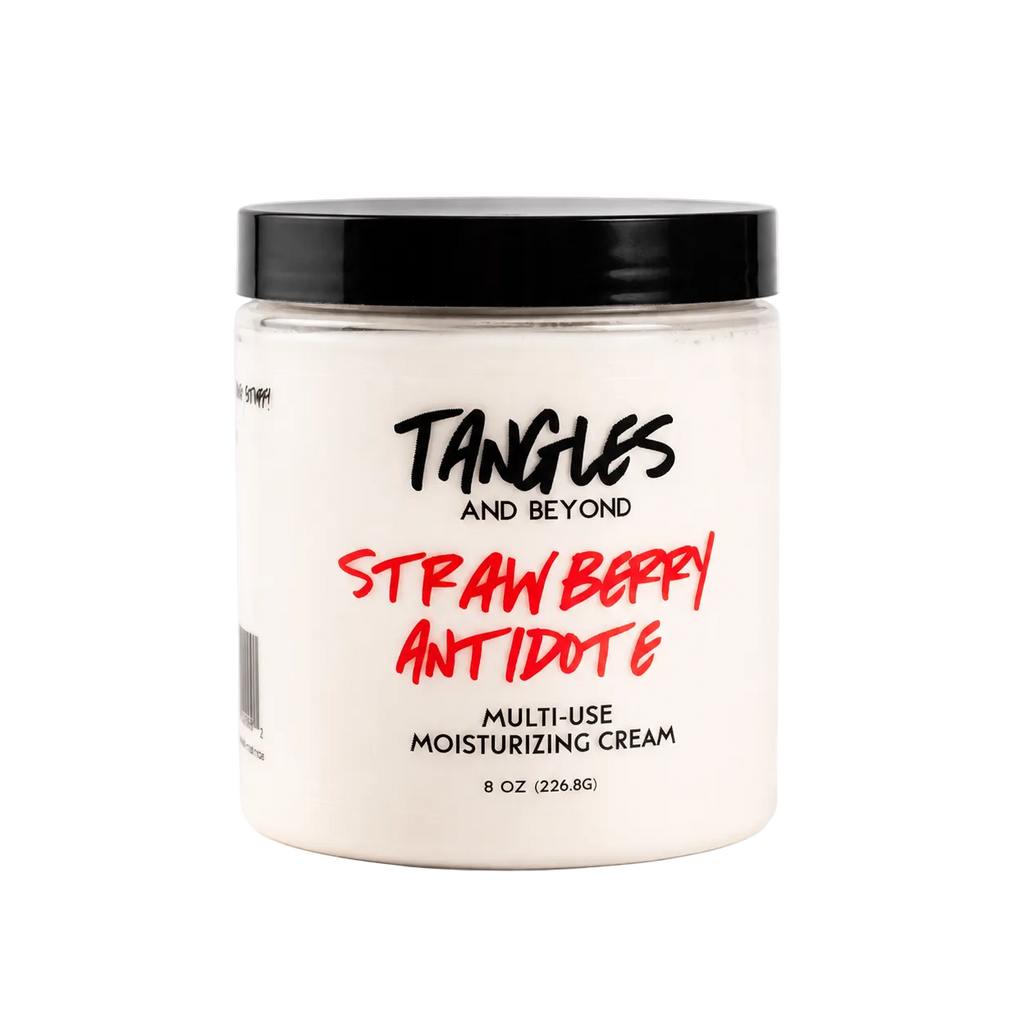 A jar of Tangles and Beyond Strawberry Antidote Multi-Use Moisturizing Cream on a clean white background.