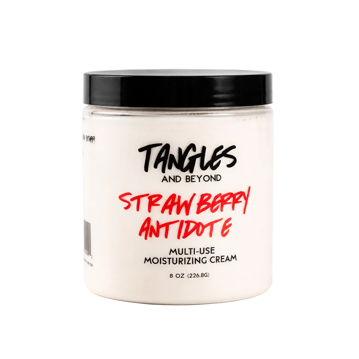 A jar of Tangles and Beyond Strawberry Antidote Multi-Use Moisturizing Cream on a clean white background.