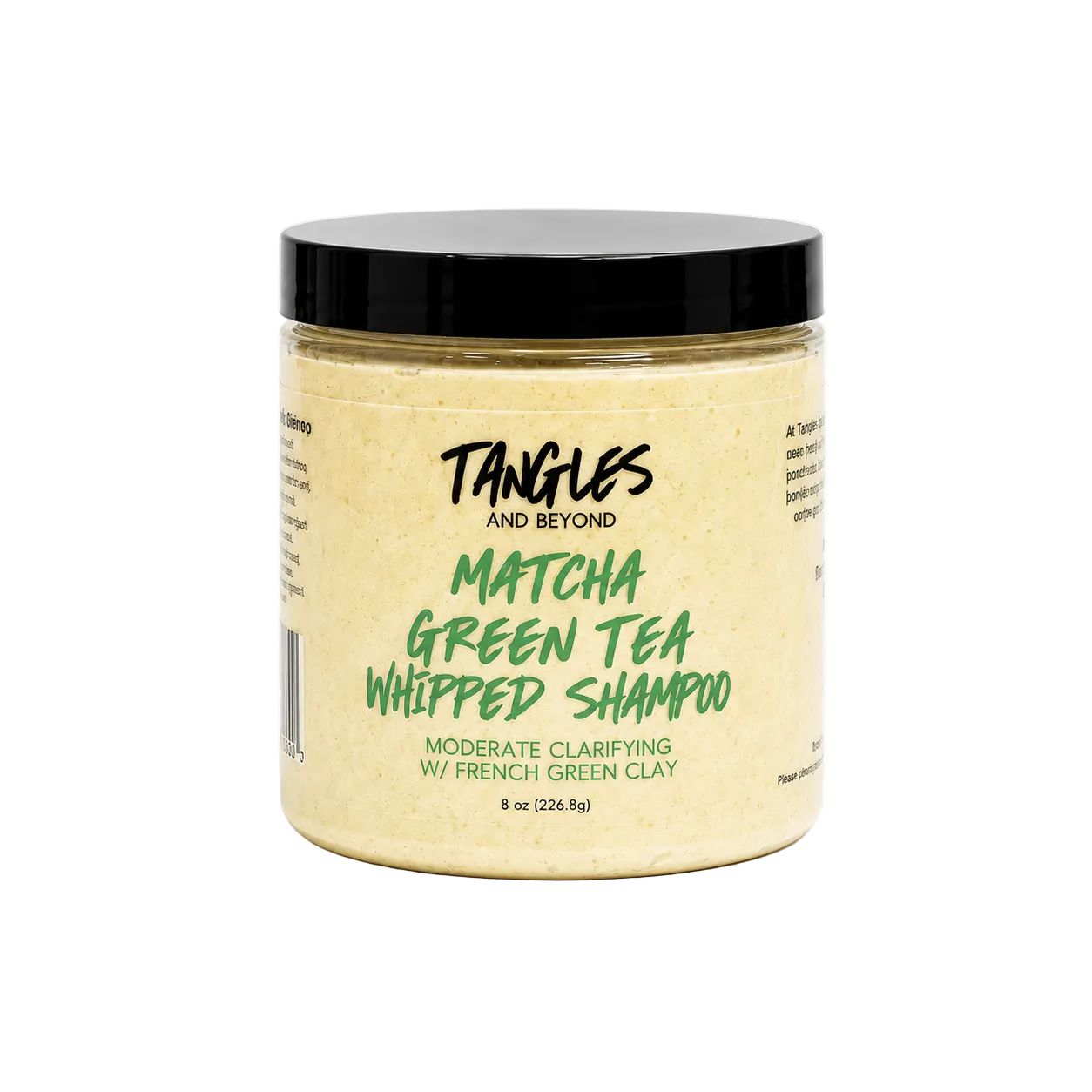 A jar of Tangles and Beyond Matcha Green Tea Whipped Shampoo on a clean white background. The product is a light beige whipped clay shampoo in a clear jar with a black lid and a cream-colored label featuring green and black text.