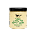 A jar of Tangles and Beyond Matcha Green Tea Whipped Shampoo on a clean white background. The product is a light beige whipped clay shampoo in a clear jar with a black lid and a cream-colored label featuring green and black text.