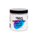 A jar of Tangles and Beyond Perfect Maturity Whipped Shampoo with Peppermint Oil, featuring a white whipped product inside a clear jar with a black lid and a colorful blue and purple splash graphic on the label.