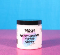Perfect Moisture Whipped Shampoo by Tangles and Beyond on pink and blue background 