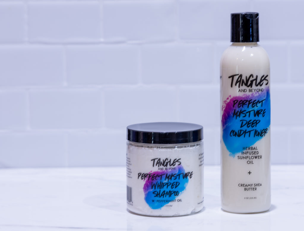 Two hair care products with colorful labels on a white background