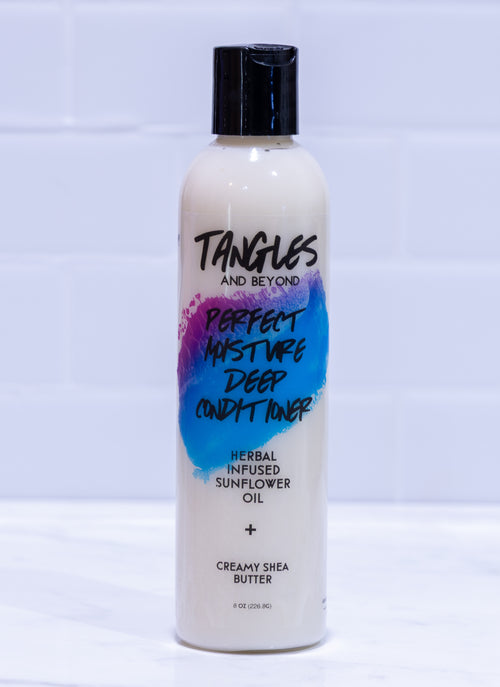 Bottle of Tangles and Beyond Perfect Moisture Deep Conditioner on a white background