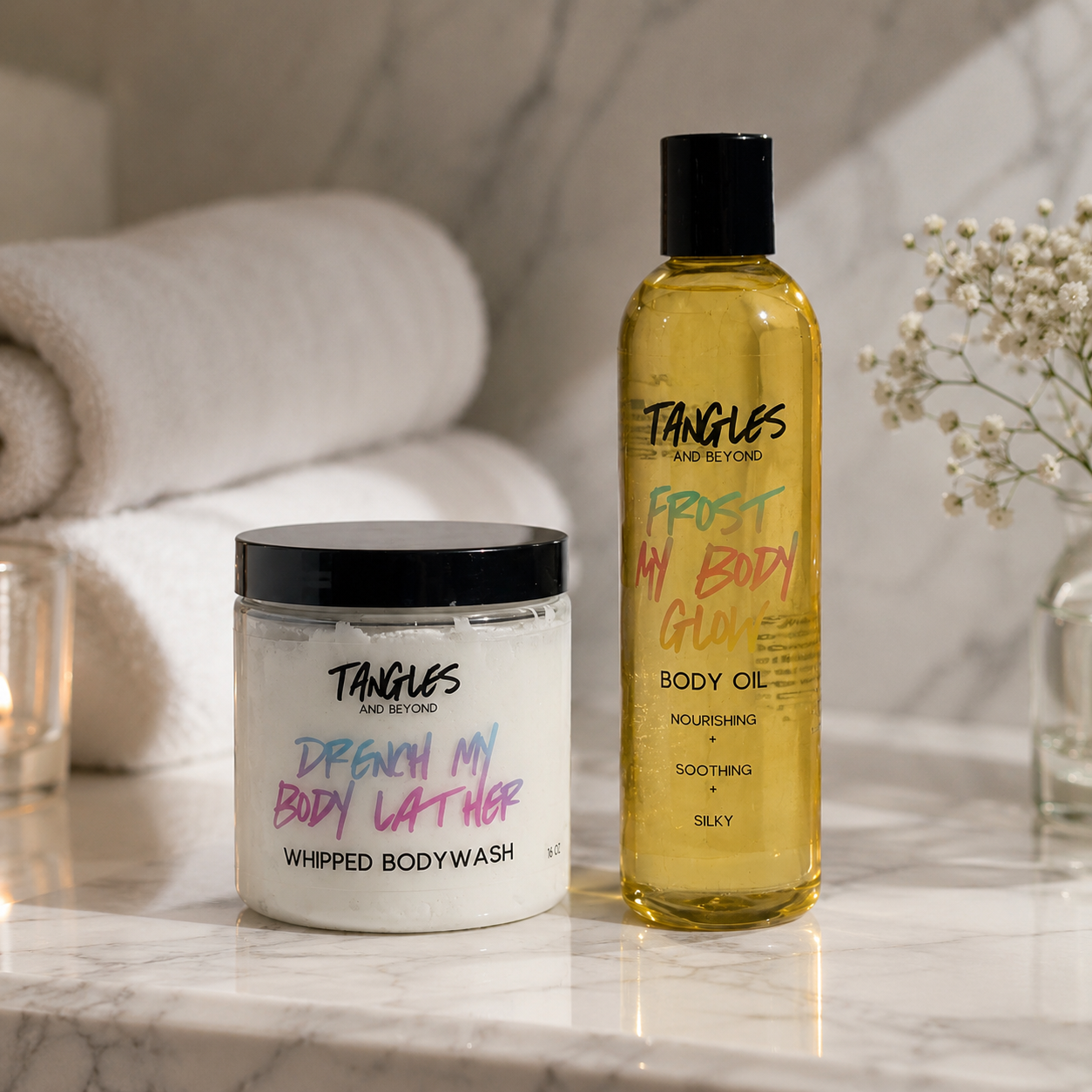 Tangles and Beyond Bougie Body Playlist Drench My Body Lather whipped body wash and Frost My Body Glow body oil